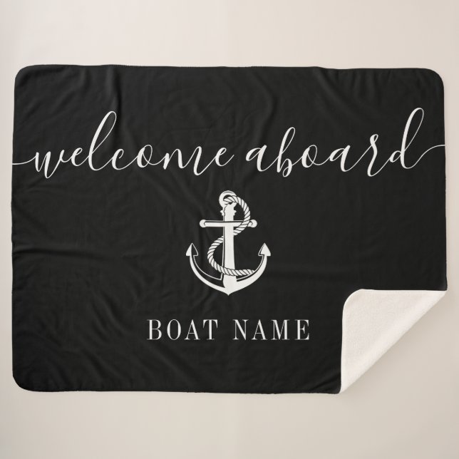 Welcome Aboard Black And White Anchor Boat Name Sherpa Blanket (Front (Horizontal))