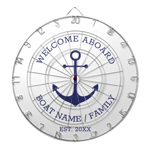 Welcome Aboard blue nautical anchor boat name Dart Board (Front)