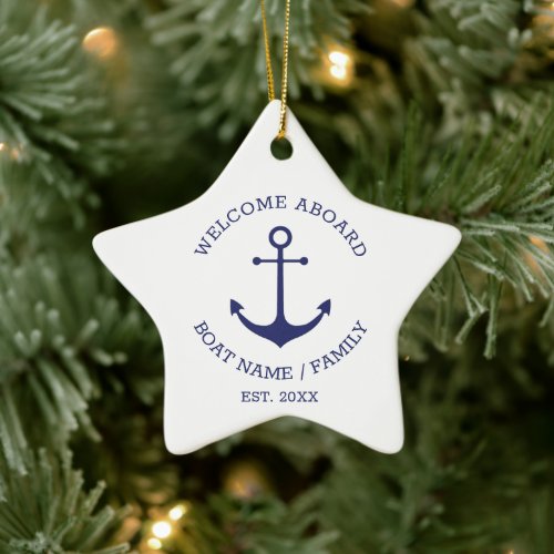 Welcome Aboard blue white Custom nautical anchor Ceramic Ornament