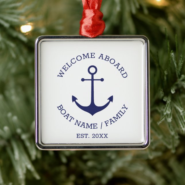 Welcome Aboard blue white Custom nautical anchor Metal Ornament (Tree)