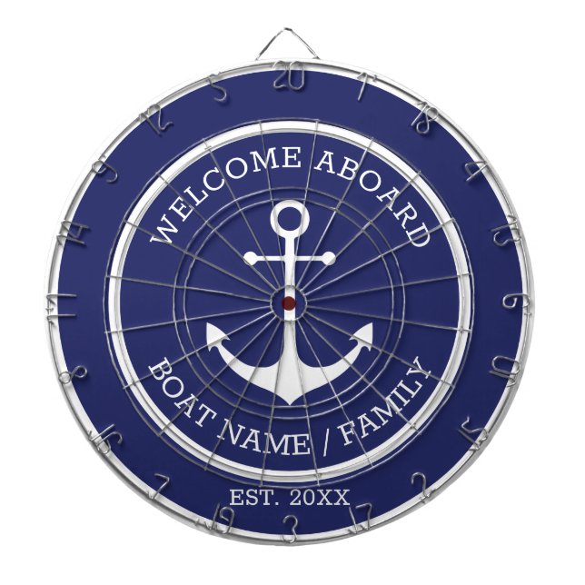Welcome Aboard blue white nautical anchor custom Dart Board (Front)
