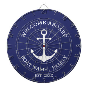 Welcome Aboard blue white nautical anchor name Dart Board
