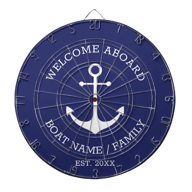 Welcome Aboard blue white nautical anchor name Dart Board (Front)
