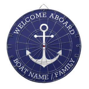 Welcome Aboard blue white nautical anchor name Dart Board