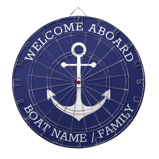 Welcome Aboard blue white nautical anchor name Dart Board (Front)