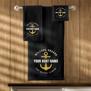 Welcome Aboard Boat Black & Gold Nautical Anchor Bath Towel Set