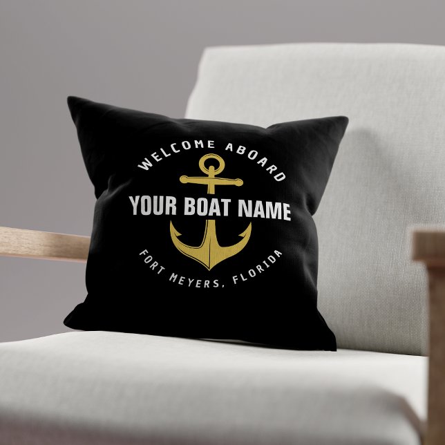 Welcome Aboard Boat Black & Gold Nautical Anchor Throw Pillow (Creator Uploaded)