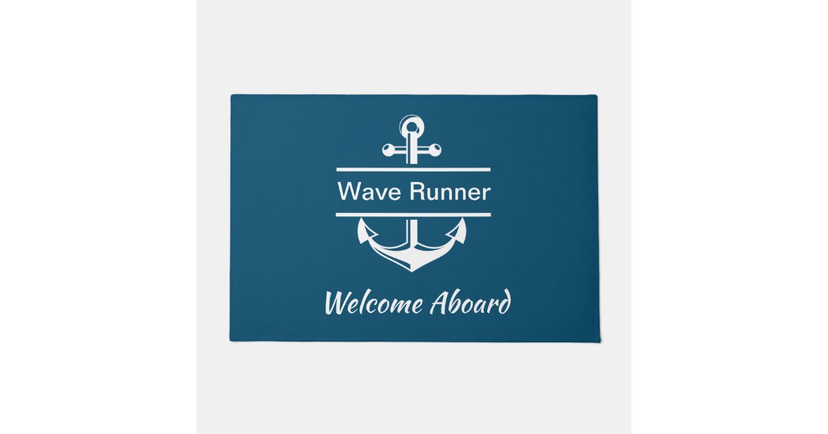 "Welcome Aboard" Boat Mat - Navy With Gray Script & Anchor, 24"x17", Marine Grade Carpet, Waterproof Backing
