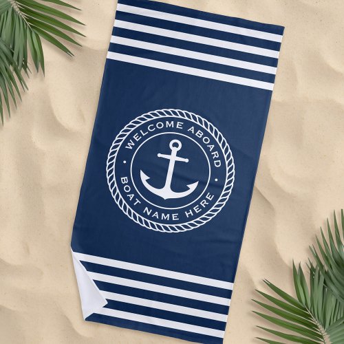 Welcome aboard boat name anchor and rope dark blue beach towel