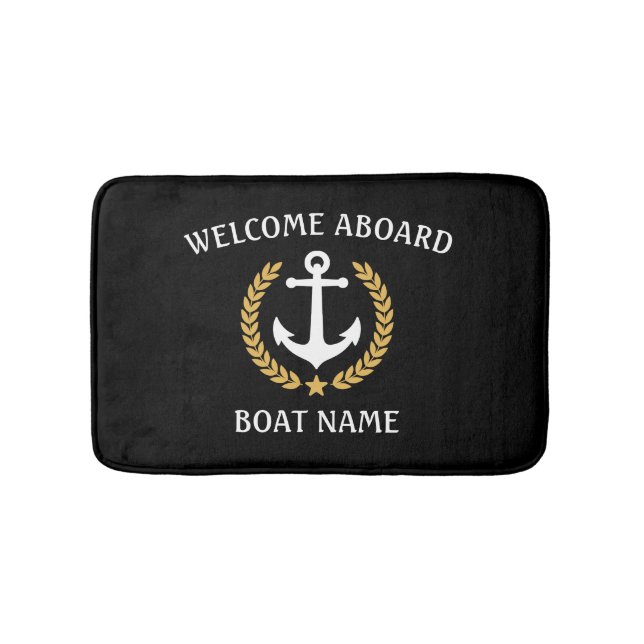 Welcome Aboard Boat Name Anchor Gold Laurel Black Bath Mat (Front)