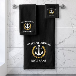 Welcome Aboard Boat Name Anchor Gold Laurel Black Bath Towel Set