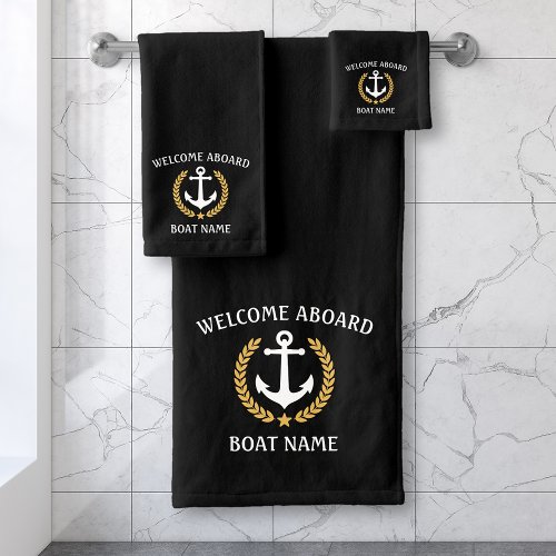 Welcome Aboard Boat Name Anchor Gold Laurel Black Bath Towel Set