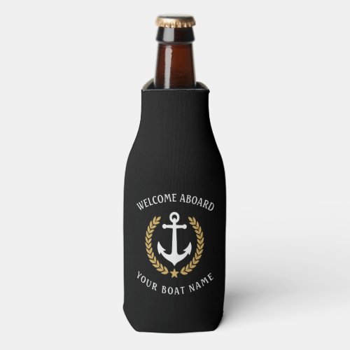 Welcome Aboard Boat Name Anchor Gold Laurel Black Bottle Cooler
