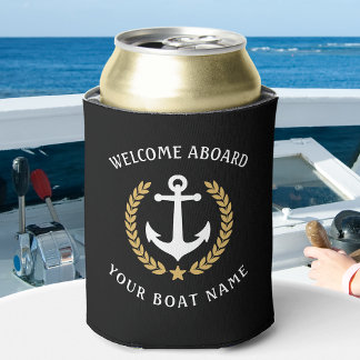 Welcome Aboard Boat Name Anchor Gold Laurel Black Can Cooler
