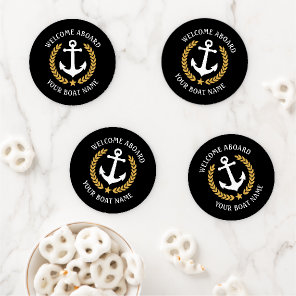 Welcome Aboard Boat Name Anchor Gold Laurel Black Coaster Set