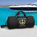 Welcome Aboard Boat Name Anchor Gold Laurel Black Duffle Bag<br><div class="desc">A custom designed nautical boat anchor, gold style laurel leaves and a gold star with "Welcome Aboard" and your personalized name or boat name on a stylish gym or travel duffle bag. This design is in white and gold colors on black or edit the design and easily change the bag...</div>