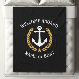 Welcome Aboard Boat Name Anchor Gold Laurel Black Fleece Blanket