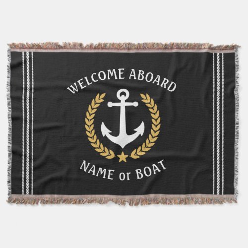 Welcome Aboard Boat Name Anchor Gold Laurel Black Throw Blanket