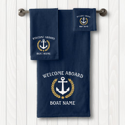 Welcome Aboard Boat Name Anchor Gold Laurel Blue Bath Towel Set