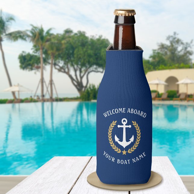Welcome Aboard Boat Name Anchor Gold Laurel Blue Bottle Cooler (Creator Uploaded)