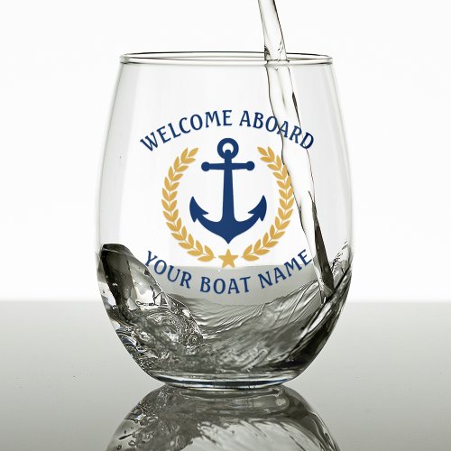 Welcome Aboard Boat Name Anchor Gold Laurel Blue Stemless Wine Glass