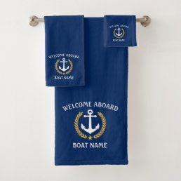 Welcome Aboard Boat Name Anchor Gold Laurel Navy Bath Towel Set