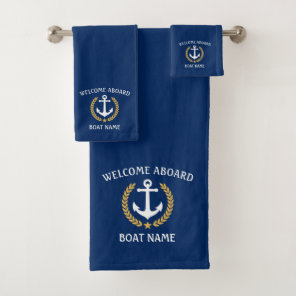 Welcome Aboard Boat Name Anchor Gold Laurel Navy Bath Towel Set