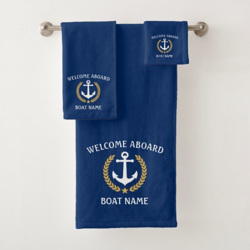 Welcome Aboard Boat Name Anchor Gold Laurel Navy Bath Towel Set