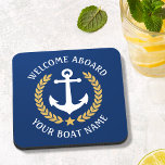 Welcome Aboard Boat Name Anchor Gold Laurel Navy Beverage Coaster<br><div class="desc">A set of nautical themed cork back beverage coasters with welcome aboard and your personalized boat name, family name or other desired text. Features a custom designed boat anchor with gold style laurel leaves and a star on classic navy blue or easily customize the base color to match your current...</div>