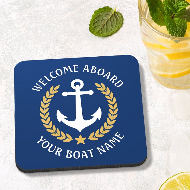 Welcome Aboard Boat Name Anchor Gold Laurel Navy Beverage Coaster (Creator Uploaded)