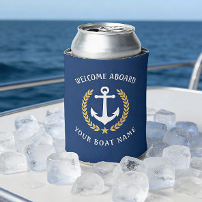 Welcome Aboard Boat Name Anchor Gold Laurel Navy Can Cooler