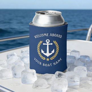 Welcome Aboard Boat Name Anchor Gold Laurel Navy Can Cooler