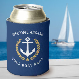Welcome Aboard Boat Name Anchor Gold Laurel Navy Can Cooler