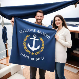 Welcome Aboard Boat Name Anchor Gold Laurel Navy Fleece Blanket