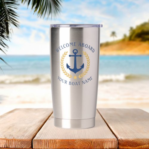 Welcome Aboard Boat Name Anchor Gold Laurel Navy Insulated Tumbler