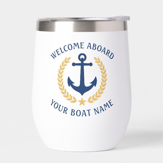 Welcome Aboard Boat Name Anchor Gold Laurel Navy Thermal Wine Tumbler (Left)