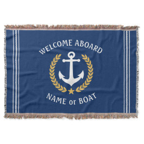 Welcome Aboard Boat Name Anchor Gold Laurel Navy Throw Blanket