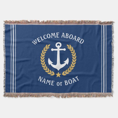 Welcome Aboard Boat Name Anchor Gold Laurel Navy Throw Blanket