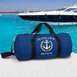 Welcome Aboard Boat Name Anchor Gold Laurel Star Duffle Bag<br><div class="desc">A custom designed nautical boat anchor, gold style laurel leaves and a gold star with "Welcome Aboard" and your personalized name or boat name on a stylish gym or travel duffle bag. This design is in white and gold colors on classic navy blue or edit the design and easily change...</div>