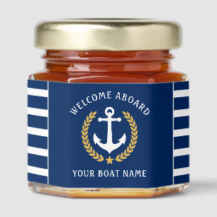 Welcome Aboard Boat Name Anchor Gold Laurel Star Honey Jar Favors