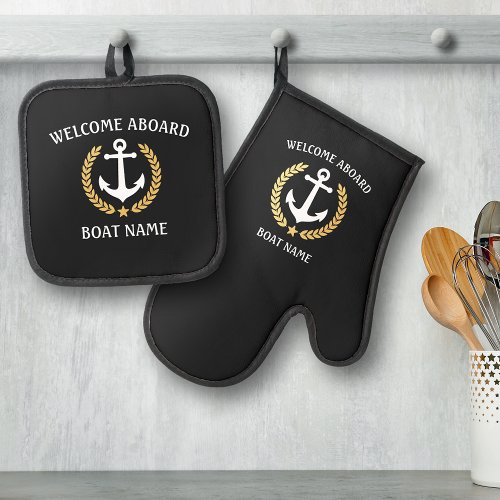 Welcome Aboard Boat Name Anchor Gold Laurel Star Oven Mitt  Pot Holder Set