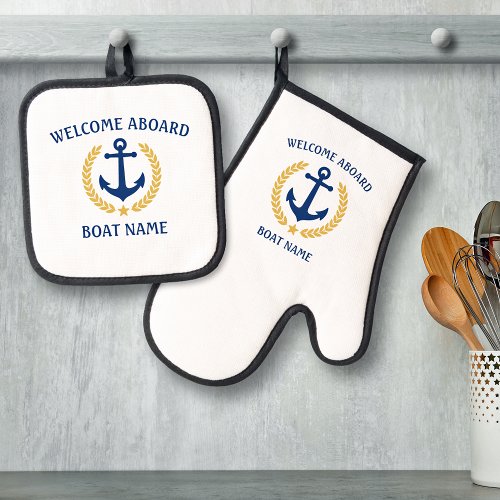 Welcome Aboard Boat Name Anchor Gold Laurel Star Oven Mitt  Pot Holder Set