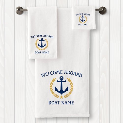 Welcome Aboard Boat Name Anchor Gold Laurel White Bath Towel Set