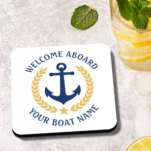Welcome Aboard Boat Name Anchor Gold Laurel White Beverage Coaster