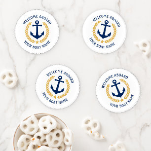 Welcome Aboard Boat Name Anchor Gold Laurel White Coaster Set