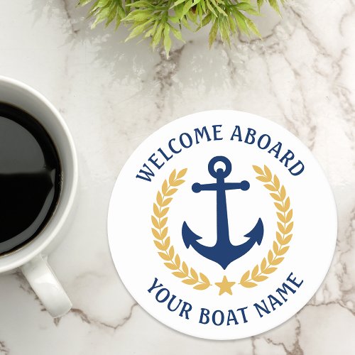 Welcome Aboard Boat Name Anchor Gold Laurel white Round Paper Coaster
