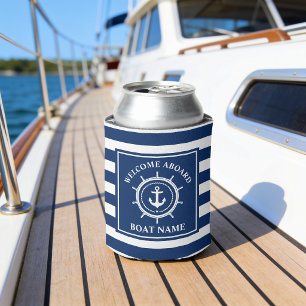 Welcome Aboard Boat Name Anchor Helm Striped Can Cooler