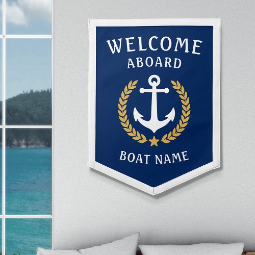 Welcome Aboard Boat Name Anchor Laurel Leaves Star Pennant