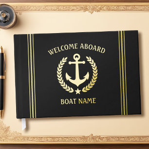 Welcome Aboard Boat Name Anchor Laurel Star Foil Guest Book
