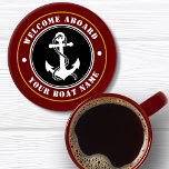 Welcome Aboard Boat Name Anchor Maroon Red Gold Coaster Set<br><div class="desc">A nautical themed coaster set with welcome aboard and your personalized boat name or other desired text. Features a custom designed boat anchor and rope. Comes in black and white with gold colored trim on maroon red or easily change the base color to match your current decor.</div>